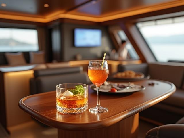 Lujo a bordo de un barco con bebidas premium y chef preparando comida
