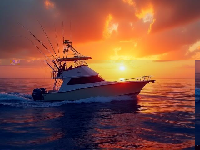 Pesca de altura con barco en mar abierto al atardecer
