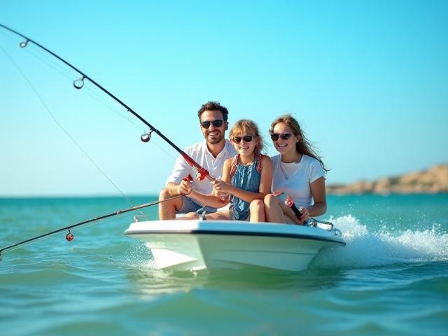 Familia alegre pescando en una embarcación costera bajo cielo despejado