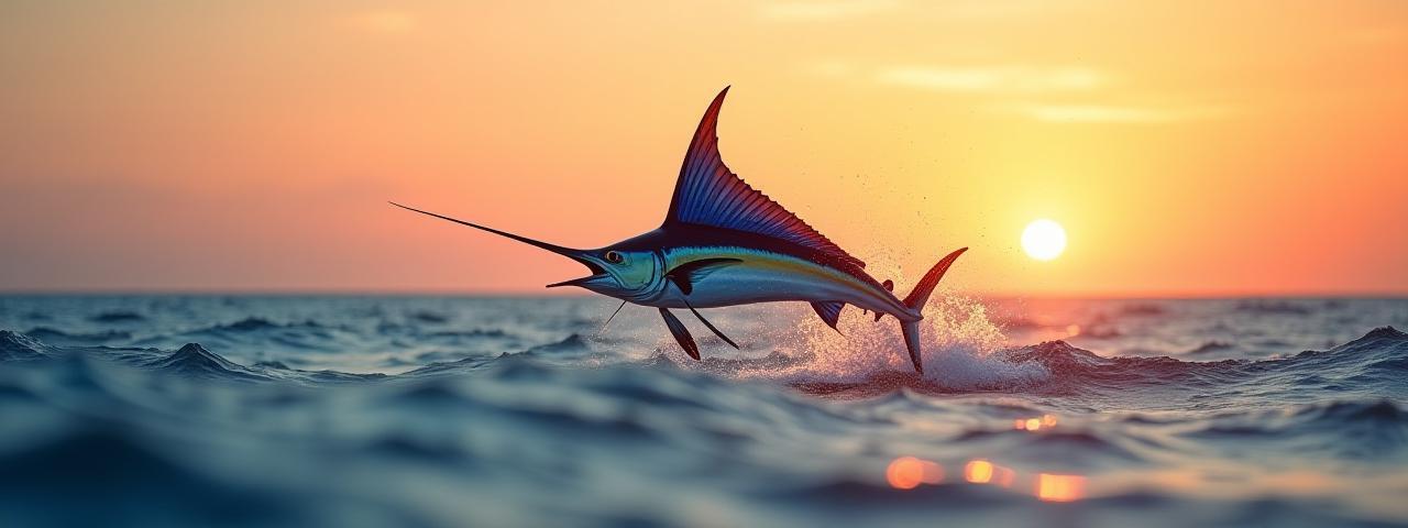 Pez vela saltando al amanecer en el océano