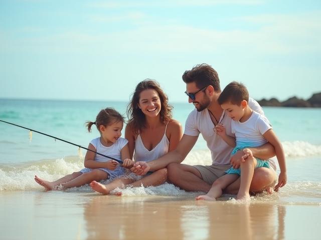 Familia disfrutando pesca costera en la playa
